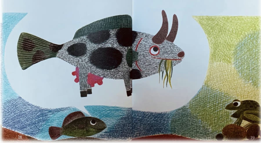 Buchillustration: Der Fisch stellt sich eine Kuh als Fisch mit Hörnern und Euter vor