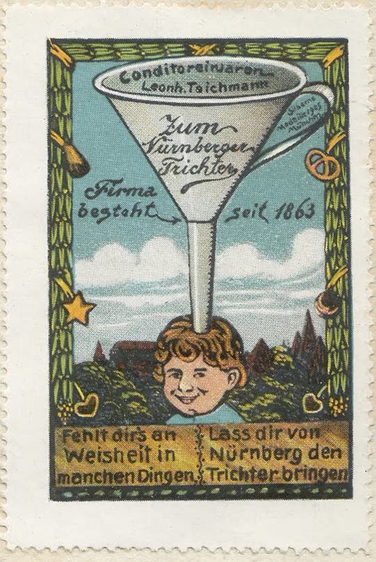 Historische Reklamemarke: Einem Kind wird ein Trichter auf den Kopf gesetzt